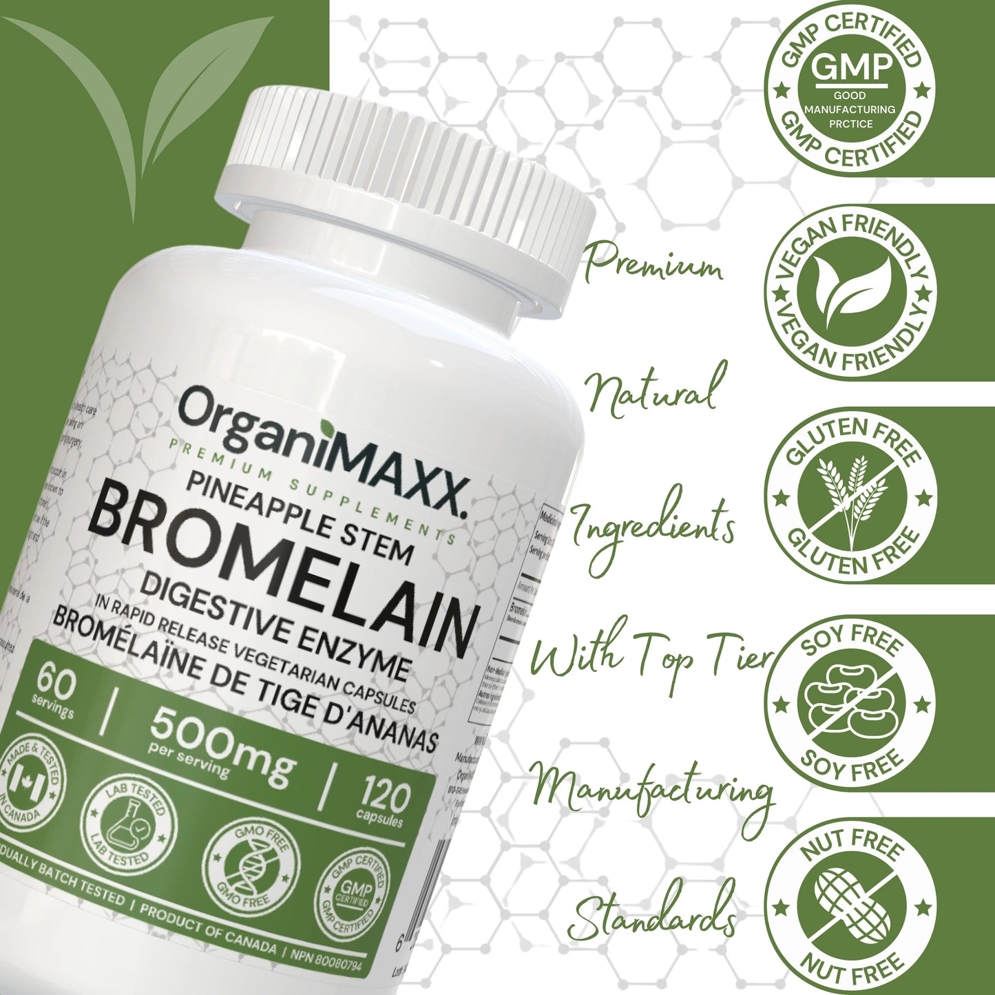 OrganiMAXX Certified Organic Bromelain Capsules 500 MG - 120 Count OrganiMAXX.