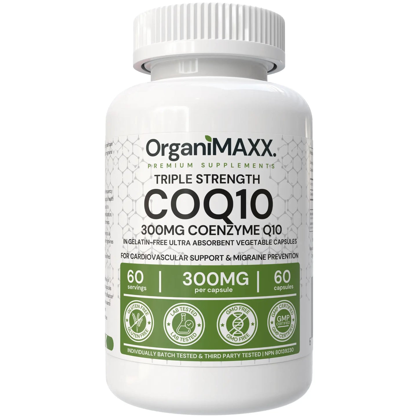 OrganiMAXX Triple Strength COQ10 supplement bottle on a white background