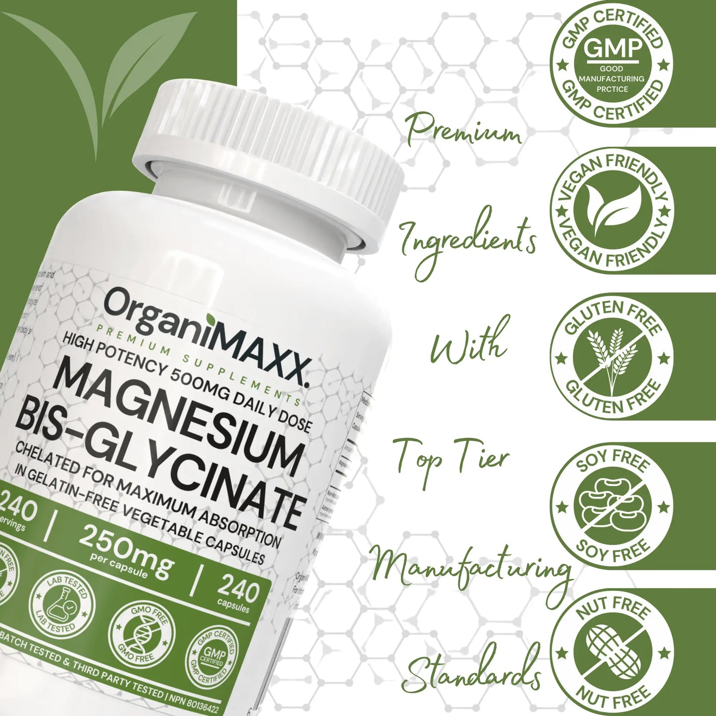 OrganiMAXX Magnesium Glycinate Fully Chelated - 240 Count OrganiMAXX.