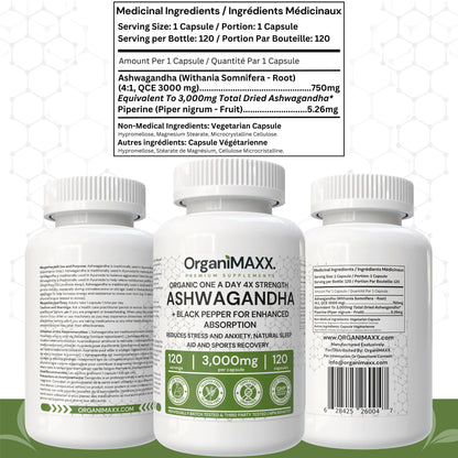OrganiMAXX 6X Strength Ashwagandha 3,000 MG Capsules - 120 Count OrganiMAXX.