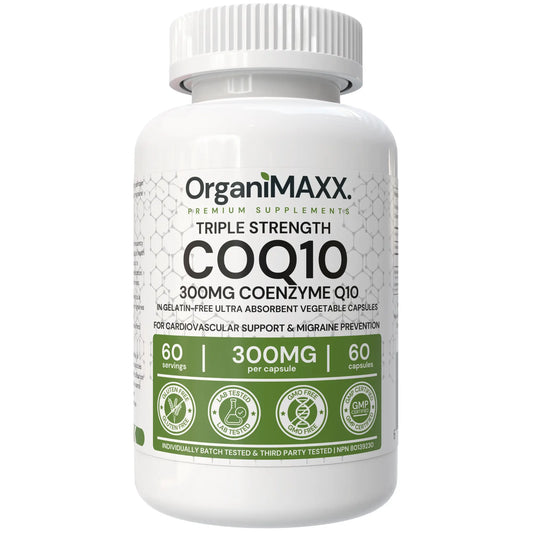 OrganiMAXX Triple Strength COQ10 supplement bottle on a white background