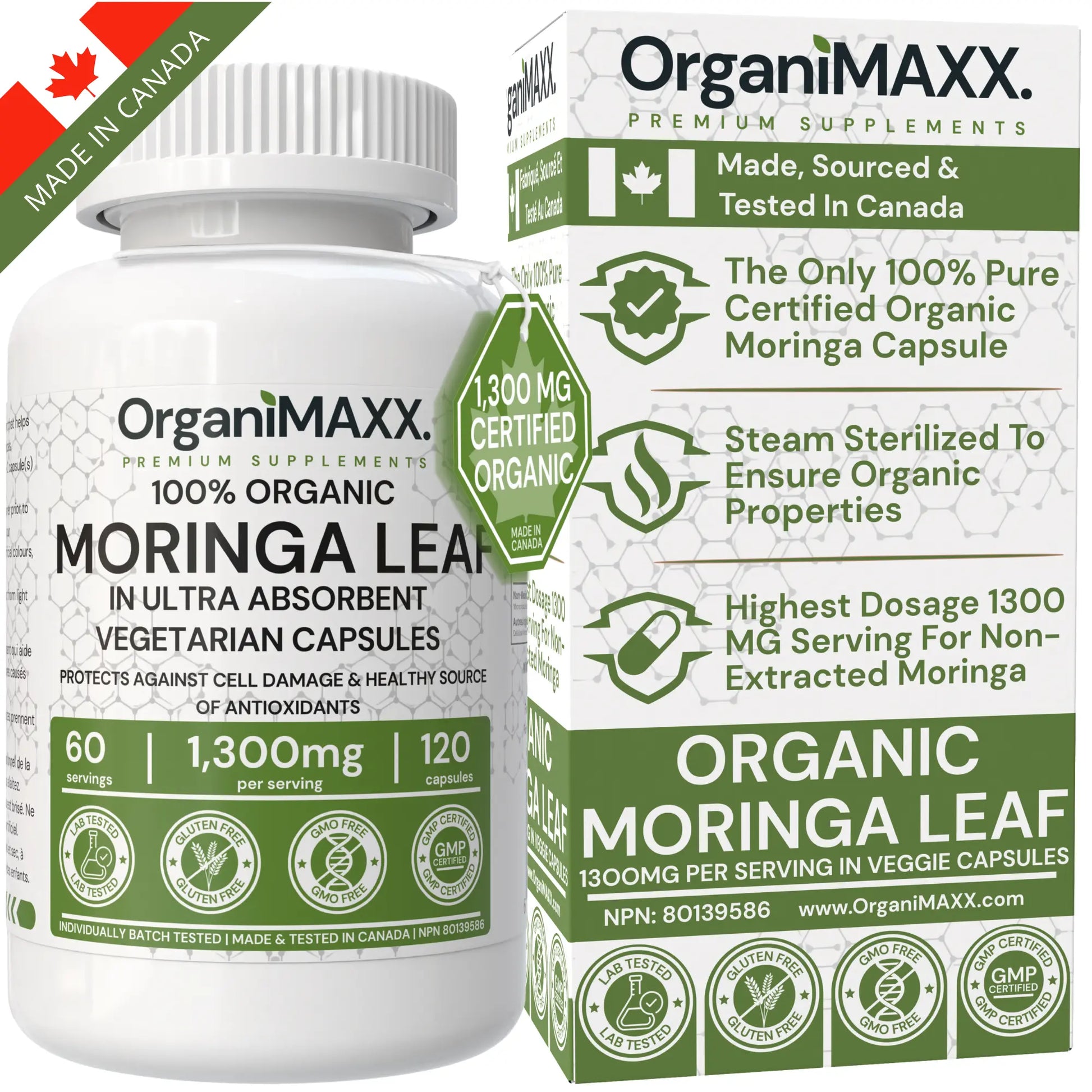 OrganiMAXX Certified Organic Moringa Leaf Capsules 1300 MG OrganiMAXX.